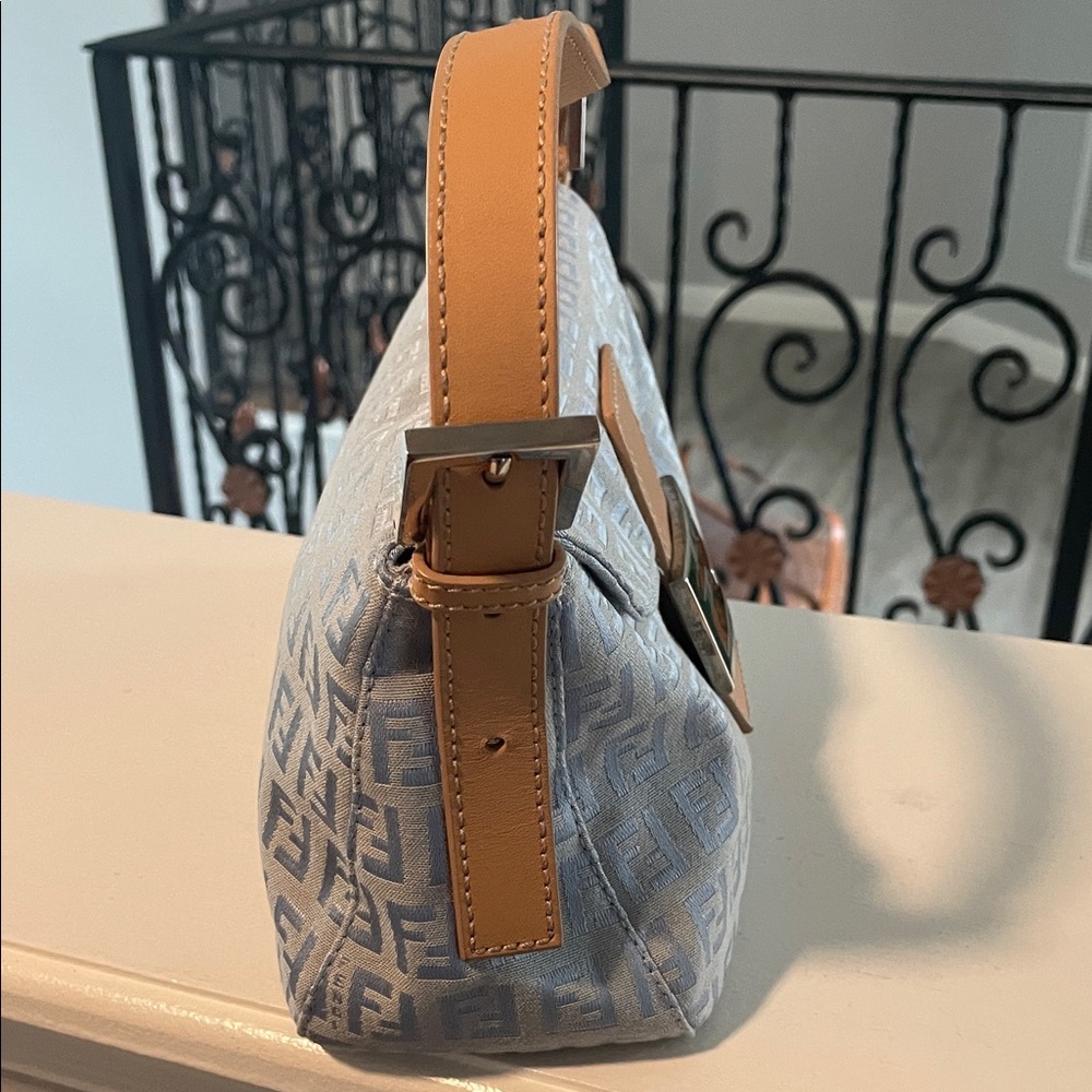 Fendi Light Blue Monogram Shoulder Bag with Tan Leather Strap -Zucchino - Picture 4 of 15